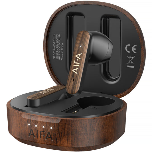 AIFA Wireless Earbuds Bluetooth 5.3 Headphones, Wooden Wireless Earphones 35 Hrs Playtime with Wireless Charging Case with Noise Cancelling Mic for Calls for TV Smart Phone Laptop Computer Sports