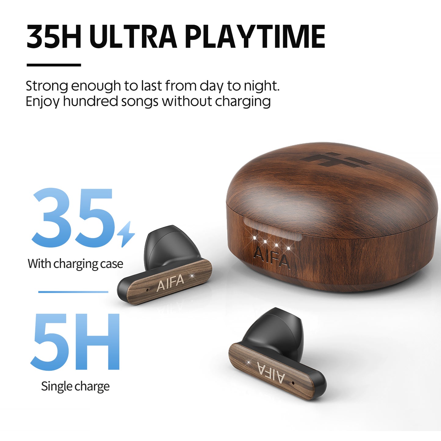 AIFA Wireless Earbuds Bluetooth 5.3 Headphones, Wooden Wireless Earphones 35 Hrs Playtime with Wireless Charging Case with Noise Cancelling Mic for Calls for TV Smart Phone Laptop Computer Sports