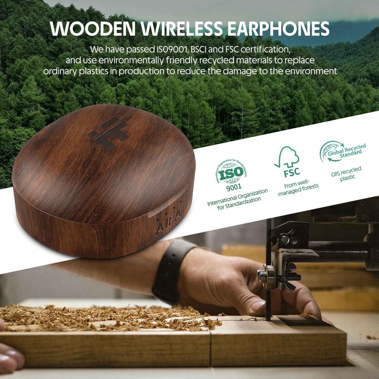 AIFA Wireless Earbuds Bluetooth 5.3 Headphones, Wooden Wireless Earphones 35 Hrs Playtime with Wireless Charging Case with Noise Cancelling Mic for Calls for TV Smart Phone Laptop Computer Sports